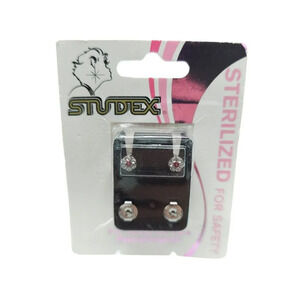 Studex Pink Clear Rhinestone Flower Studs Earrings Silver Tone Vintage